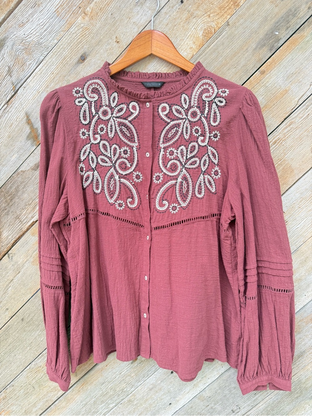 Zara. Women’s Embroidered Button-Front Top - Burgandy. XL